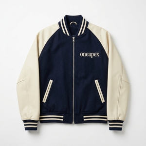 Veste zippée en mélange de laine bleu marine et crème pour homme, avec logo personnalisé, col et poignets en tricot côtelé, style streetwear décontracté, vente en gros, fabricant OEM, vêtements - Product Image 2