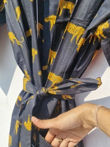 Pure Cotton Indian Block printed House Robe Summer <b>Kimono</b> <b>Beach</b> Coverup/Comfy Maternity | Fresh Yellow Mustard Pink Stripe Leopa - Product Image 5