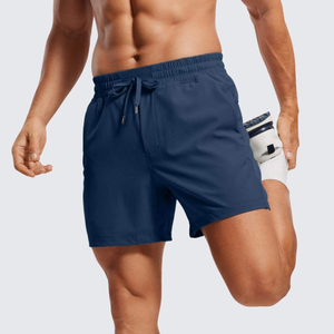 Shorts décontractés pour hommes, bleu marine uni, tricotés, avec logo frontal, séchage rapide, poches, taille mi-haute et cordon de serrage, style sport - Product Image 2