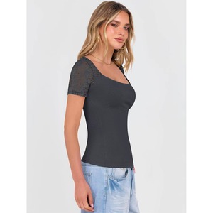 <b>High</b> demand Women's <b>Black</b> Lace Trim Knitted <b>Top</b> Scoop-Neck Casual Breathable Stretch <b>Top</b> 100%Cotton/Polyester - Product Image 6
