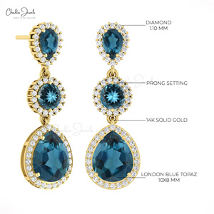 Pendientes de Cóctel con Topacio Azul Londres Natural de 6.14 CTW y Diamantes Pavé con Colgantes de Oro Sólido de 14k, Pendientes Halo para Regalo de Boda - Product Image 4