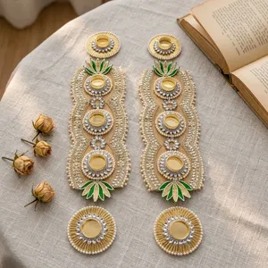 Décoration murale traditionnelle artisanale en tissu et métal, porte-bougie tealight, décor feuille de Rangoli, écologique pour mariage, Diwali, maison - Product Image 3