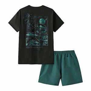 Hot Selling Mens Black T-Shirt <b>Set</b> With Teal Beach Print Crew Neck Casual Summer Wear Breathable <b>Knitted</b> Fabric Short Sleeve OEM - Product Image 1