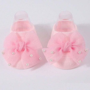 Chaussettes pour bébé roses avec nœud et perles, tricotées, antidérapantes, décontractées, pour nouveau-né, printemps, respirantes, en coton biologique - Product Image 4