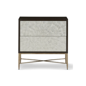 Coffre de rangement contemporain à mosaïque de briques horizontales, fonctionnant également comme une table de chevet décorative à double tiroir en nacre. - Product Image 3