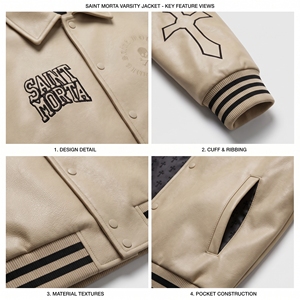 Veste de sport en PU de qualité supérieure pour homme, beige, logo brodé, col rabattu, vêtements décontractés d'automne, ODM OEM disponible - Product Image 6