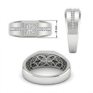 Bague de mariage classique pour homme en or blanc 18 carats, large, avec grappe de diamants carrés taille princesse, sertissage invisible, finition brossée, bijoux - Product Image 5