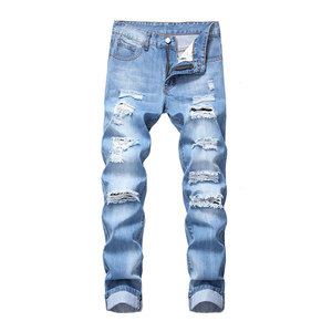Jean slim déchiré pour homme, délavé bleu, style décontracté et tendance, tenue urbaine moderne pour tous les jours - Product Image 1