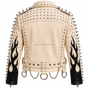 Blouson de motard en cuir PU pour homme, motif uni, rivets à pointes, chaînes, fermeture éclair, coupe ajustée, style motard urbain - Product Image 3