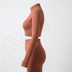 Women's Seamless Yoga Set <b>Long</b> Sleeve Quarter Zip Crop <b>Top</b> High Waist <b>Leggings</b> Textured Activewear - Product Image 3