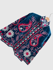 Blouson bleu à col mandarin brodé à la main avec motif géométrique, manches longues, style velours, pour adulte, collection automne - Product Image 3