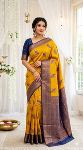 Sari de seda amarillo para mujer con estampado de pavo real azul y blusa, ropa tradicional india para bodas - Product Image 5