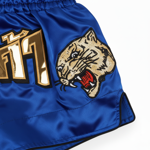 Shorts de Muay Thai bleus avec broderie de tigre, fabriqués à la main pour hommes, vêtements d'arts martiaux mixtes, coupe classique, taille adulte - Product Image 5