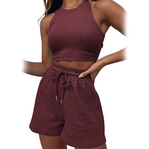 2024 nouvelle conception couleur unie tenues été sans manches 2 pièces haut court respirant été ensemble élégant deux pièces ensemble femmes - Product Image 5