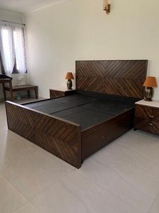 Modern Solid Teak Storage <b>Bed</b> <b>Frame</b> with Herringbone Headboard Contemporary Wooden Bedroom Furniture - Product Image 1
