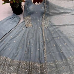 Luxury Crunchy Silk Embroidered <b>Sequin</b> Work Gown Set with <b>Pant</b> and Dupatta for Women Festive Party Wear Wedding Ethnic Outfit - Product Image 3