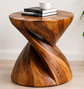 Table d'appoint Art Déco en bois massif bio, tabouret à piétement torsadé, table d'appoint faite à la main pour chambre et salon - Product Image 1