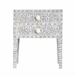 Taburete con incrustaciones de hueso azul y blanco, mesa auxiliar de lujo con detalles florales para sala de estar y dormitorio, muebles indios personalizables con incrustaciones, venta al por mayor. - Product Image 2