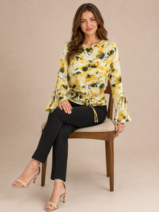 Blusa Corta para Mujer, Color Amarillo Estampado, Mangas Largas Tipo Campana, Cuello Redondo, Cintura Elástica, Estilo Casual para Uso Diario, Venta al Por Mayor - Product Image 5