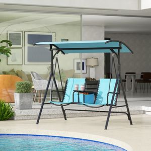Dondolo da Giardino per 2 Persone con Tettuccio, Tavolino Portaoggetti, Portabicchieri, Cuscini Impermeabili e Struttura in Metallo - Product Image 2
