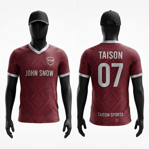 เสื้อสนุกเกอร์ผู้ชายคุณภาพสูง 160 GSM โพลีเอสเตอร์อินเตอร์ล็อค สีแดงเลือดหมู สกรีนโลโก้ตามสั่ง รับผลิตแบบ OEM ODM ชุดกีฬา - Product Image 1