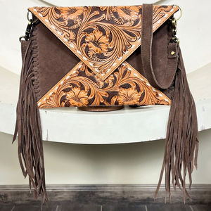 New Design Hand Tooled Suede Leather Fringe Crossbody Bag Women's Multifunctional Envelope Bag Genuine Leather Clutch <b>Handbags</b> - Product Image 5