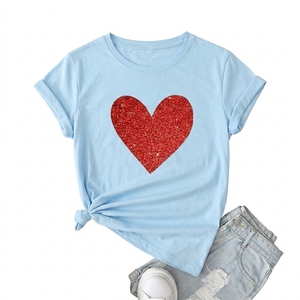 Women's <b>Red</b> Short Sleeve T-Shirt With <b>Glitter</b> Heart Print Casual Loose Fit Crew Neck Spring Summer Cotton T-Shirt Top - Product Image 4