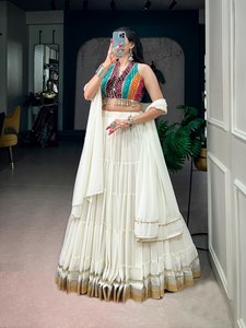 Custom Women Boho Indo Western Off <b>White</b> Layered Skirt Bandhani Print Halter Crop Top Shell Tassel Dupatta Wholesale - Product Image 1