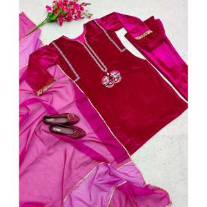 DESGASTE FIESTA BORDADO TERCIOPELO TRABAJO TOP BOTTOM CON DUPATTA ROSA - Product Image 2