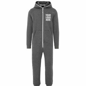Men's Gray Hooded Zip-Up <b>Jumpsuit</b> Regular Fit Cotton Fleece Casual Autumn Wear <b>Pocket</b> Design Front Logo - Product Image 1