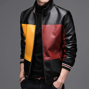 2025 Autumn Winter Short Thick Windproof Woolen <b>Mens</b> Varsity <b>Leather</b> <b>Jacket</b> with Studded Spikes and Rhinestones - Product Image 1