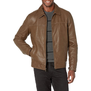 Chaqueta de cuero para hombre al por mayor, nueva moda, chaqueta de hombre de piel de oveja 100% auténtica, color verde, cuello alto, estilo motero. - Product Image 1
