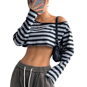 Off Shoulder Striped Long Sleeve Crop Top Women Loose Fit Casual Streetwear Tee Soft <b>Cotton</b> Fashion Shirt Custom women's shirt - Product Image 1