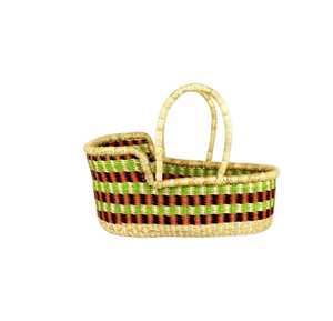 Vintage ethnic <b>green</b> and orange check seagrass changing <b>basket</b> including rattan changing kid <b>basket</b> with woven handles - Product Image 2