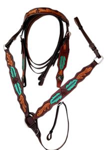 Juego de cabezada y pechera de cuero premium con diseño de hojas verdes y naranjas, estilo western, fabricado en India. - Product Image 2