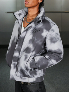 Blouson matelassé imprimé pour homme, avec capuche, motif léopard et tie-dye, fermeture éclair, veste d'hiver matelassée - Product Image 3