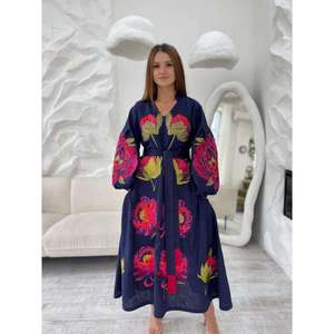 Vintage <b>Boho</b> Embroidered Cotton Maxi Dress Women Navy Floral Pattern Balloon Sleeve <b>Belted</b> Loose Fit Long Dress - Product Image 4