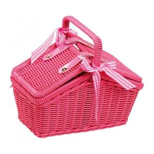 Hot Pink Rattan Picnic <b>Basket</b> with Double Slanted Lids Handwoven <b>Wicker</b> <b>Storage</b> Hamper with Ribbon Bow for Outdoor Camping Gift - Product Image 1