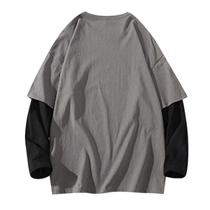 เสื้อยืดแขนยาวโอเวอร์ไซส์สำหรับผู้ชาย คอกลม แต่งขอบตัดกัน ผ้าฝ้ายเจอร์ซีย์ถัก 100% สีพื้นเรียบง่าย ดีไซน์เรียบๆ - Product Image 2