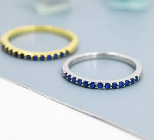 Sapphire Blue Half Eternity <b>Ring</b> in Sterling <b>Silver</b> Gold Plated Luxury Claw Setting CZ Wedding Minimalist Skinny <b>Stacking</b> <b>Ring</b> - Product Image 2