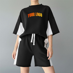 OEM/ODM 100% Cotton Jersey Women's Short <b>Set</b> Custom Silk Screen Printed Logo Oversized Drop Shoulder 2 tone ladies 2 piece <b>set</b> - Product Image 4