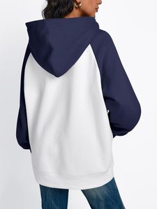 Women Oversized Hooded Sweatshirt White <b>Navy</b> Blue Full Sleeve Fleece Pocket Design Breathable Autumn Wear - Product Image 3