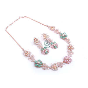 Pihu Pastel Color Designer Gold Plated Zircon Bridal Necklace and Earring Set - Product Image 5