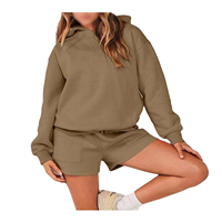 Ensemble 2 pièces pour femme, short à capuche, couleur unie, polaire, décontracté, coupe ample, au-dessus du genou, tricoté, 100% coton, pour tous les jours, printemps-été