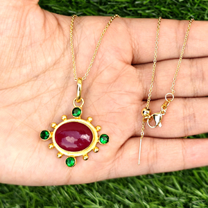 Women's fashion necklace ruby jade with emerald quartz oval pendant necklace 18k gold plated <b>beaded</b> designer statement necklace - Product Image 4