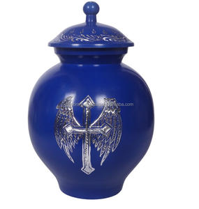 Urna Funeraria Moderna Exclusiva de Venta Rápida con Acabado Pintado en Azul y Marrón Metálico con Diseño de Faisanes Voladores - Product Image 6