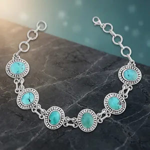 Bracelet à maillons en pierre turquoise en argent sterling 925 antique, style bohème, bijoux unisexes, cadeau - Product Image 4