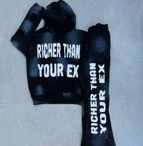 Sudadera con capucha y cremallera con lavado ácido y pantalones de chándal acampanados para hombre, estilo streetwear, personalizables, con bordado desgastado, patchwork y estampado, suaves y de alta calidad. - Product Image 3