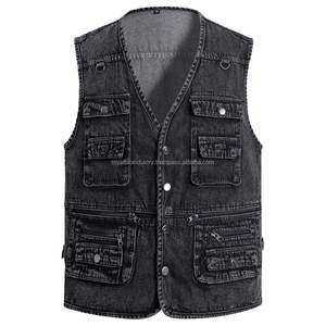 Chaleco Vaquero de algodón negro para hombre, chaqueta informal sin mangas con múltiples bolsillos y estampado de retazos, ropa de calle holgada de talla grande - Product Image 5