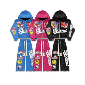 Streetwear Custom Printed Solid Winter Hooded & Sweatpants Set Rhinestone <b>Tracksuit</b> Distressed Jogger Pants Made Acid Wash - Product Image 1